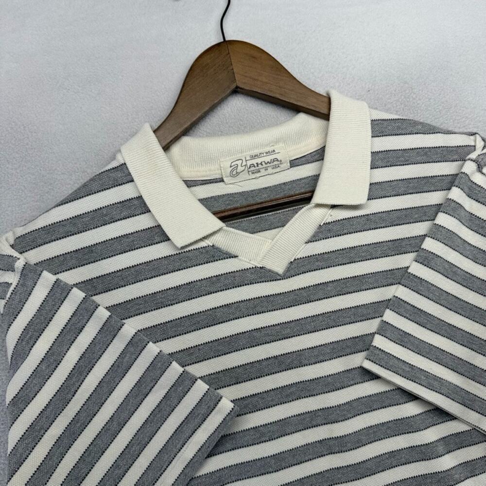 Vintage Blank Shirt men's Large white Gray Striped Collared Polo USA Textured
